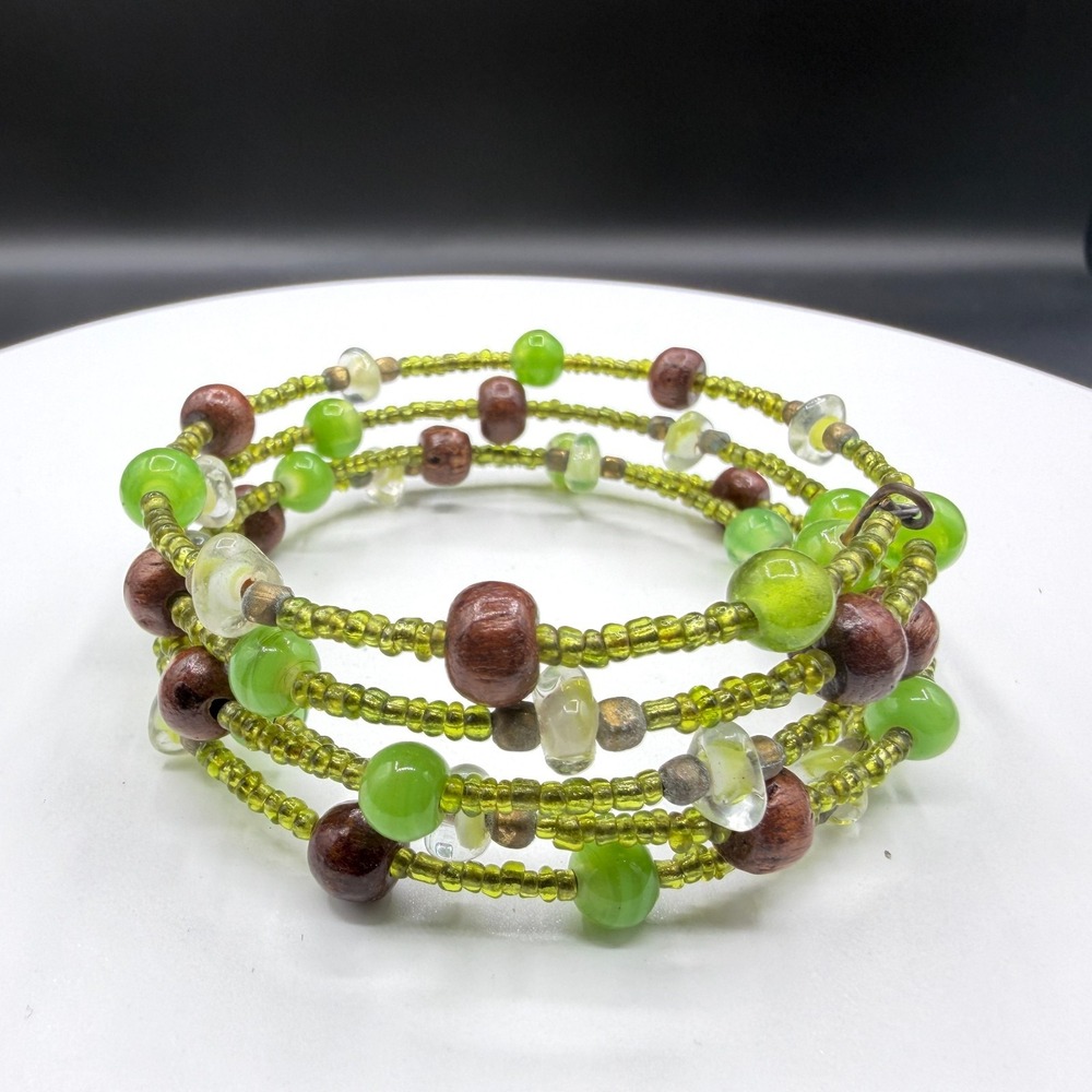 Green Glass & Wood Bead Memory Wire Wrap Bracelet Boho Cottagecore Statement